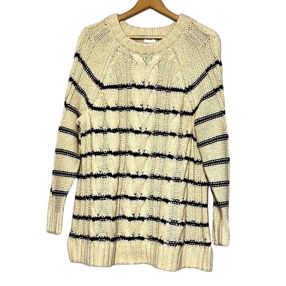 J Jill Cable Knit Sweater XL Beige Blue Cotton Blend Pullover Fisherman Striped - Picture 1 of 10